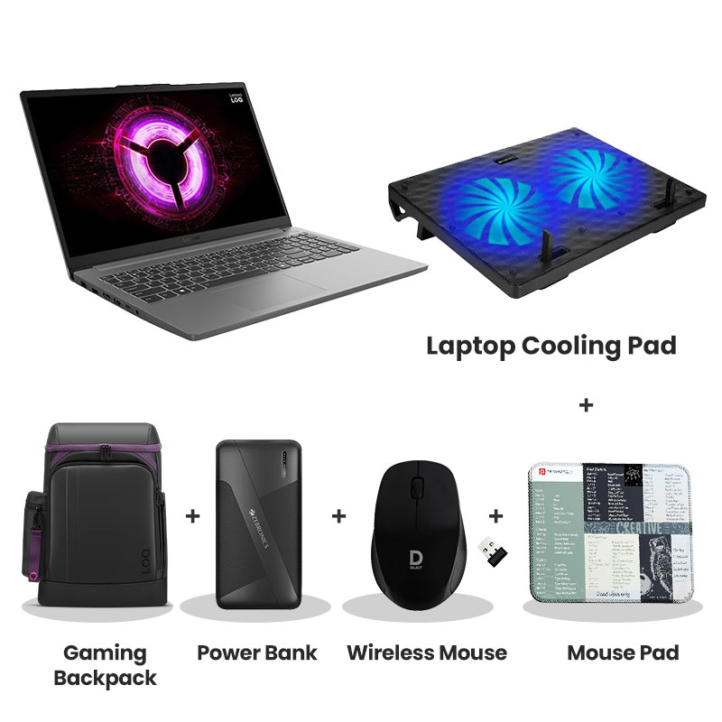 Lenovo LOQ Essential - AMD Ryzen 5 7535HS 15.6" (39.62 cm)  83S000JCIN Gaming Laptop   (16GB DDR5/ 512GB SSD/ Full HD Display/ Anti-glare/ NVIDIA GeForce RTX 3050 6GB GDDR6/ Windows 11 Home/ Office Home 2024/ 1Year Warranty/  Luna Grey/ 1.8kg) + Laptop  Cooling Pad + Lenovo LOQ Gaming Backpack +  + 10000mAh Power Bank + Wireless Mouse + Mouse Pad 