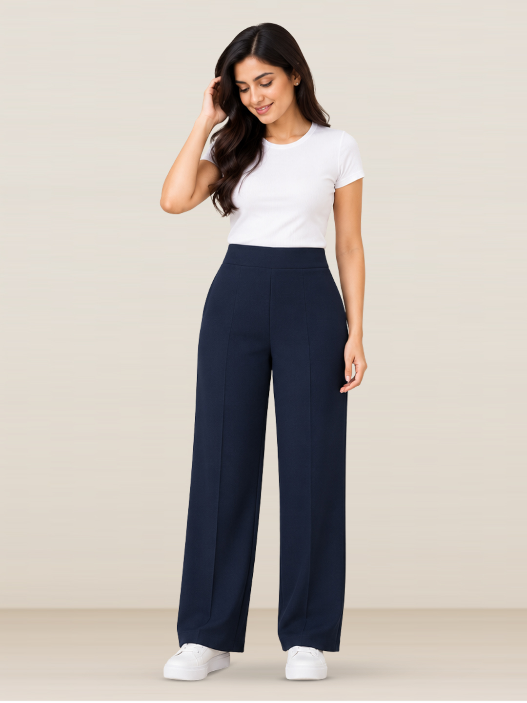 Women Royal Blue High Waist Wide Leg Korean Pant