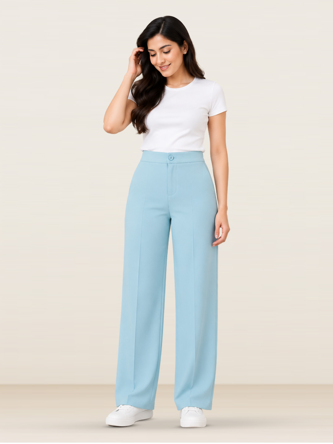 Women  Sea Blue  High Waist Wide Leg Korean Pant