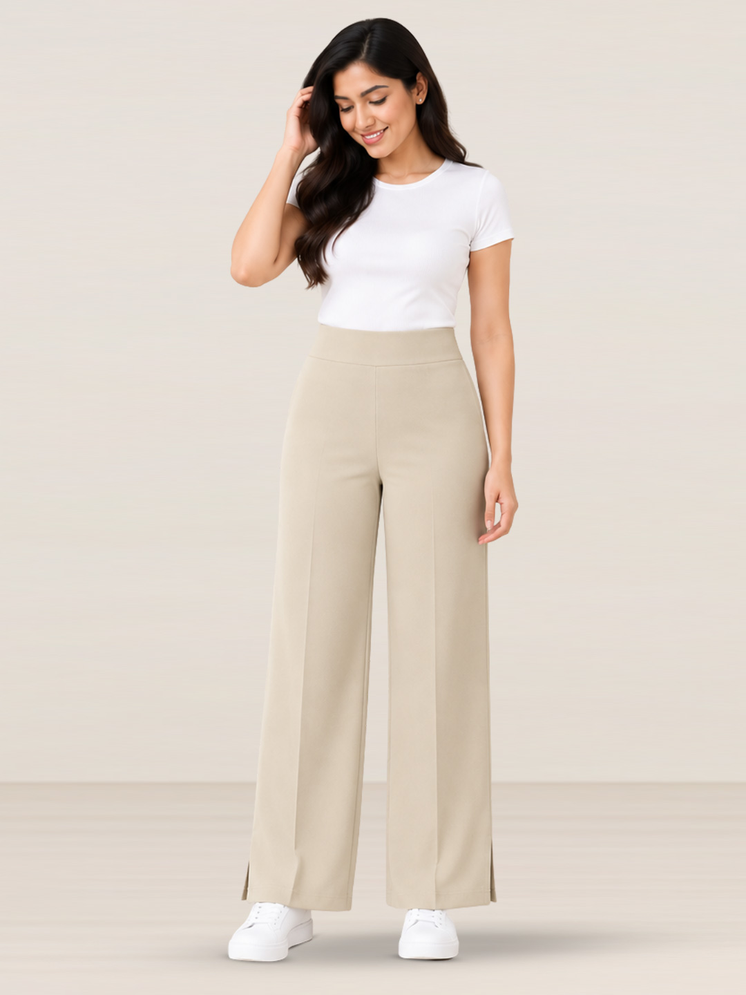 Women  Beige  High Waist Wide Leg Korean Pant