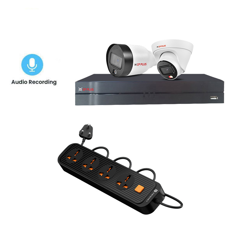 CP PLUS 2 CCTV Cameras Combo (1 Indoor & 1 Outdoor CCTV Cameras with mic) + DVR + HDD + Accessories + Power Supply + 45m Cable + Portronics Power Plate 12 Extension Board