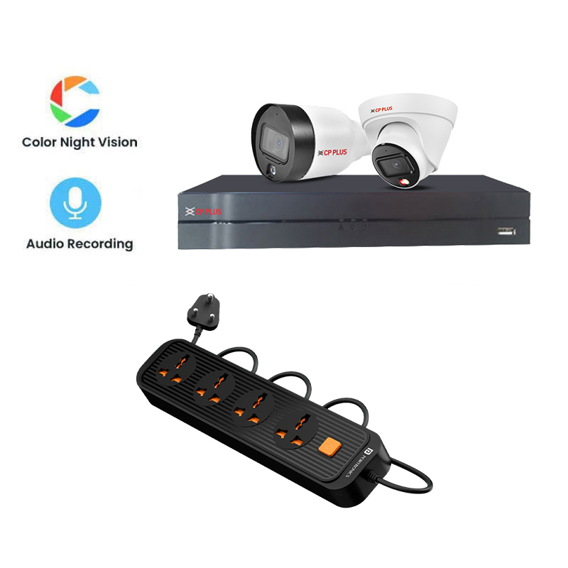 CP PLUS 2MP IP CCTV 2 Cameras Combo (1 Indoor & 1 Outdoor CCTV Cameras color view with mic) + NVR + HDD + Accessories + Power Supply + 45m Cable + Portronics Power Plate 12 Extension Board