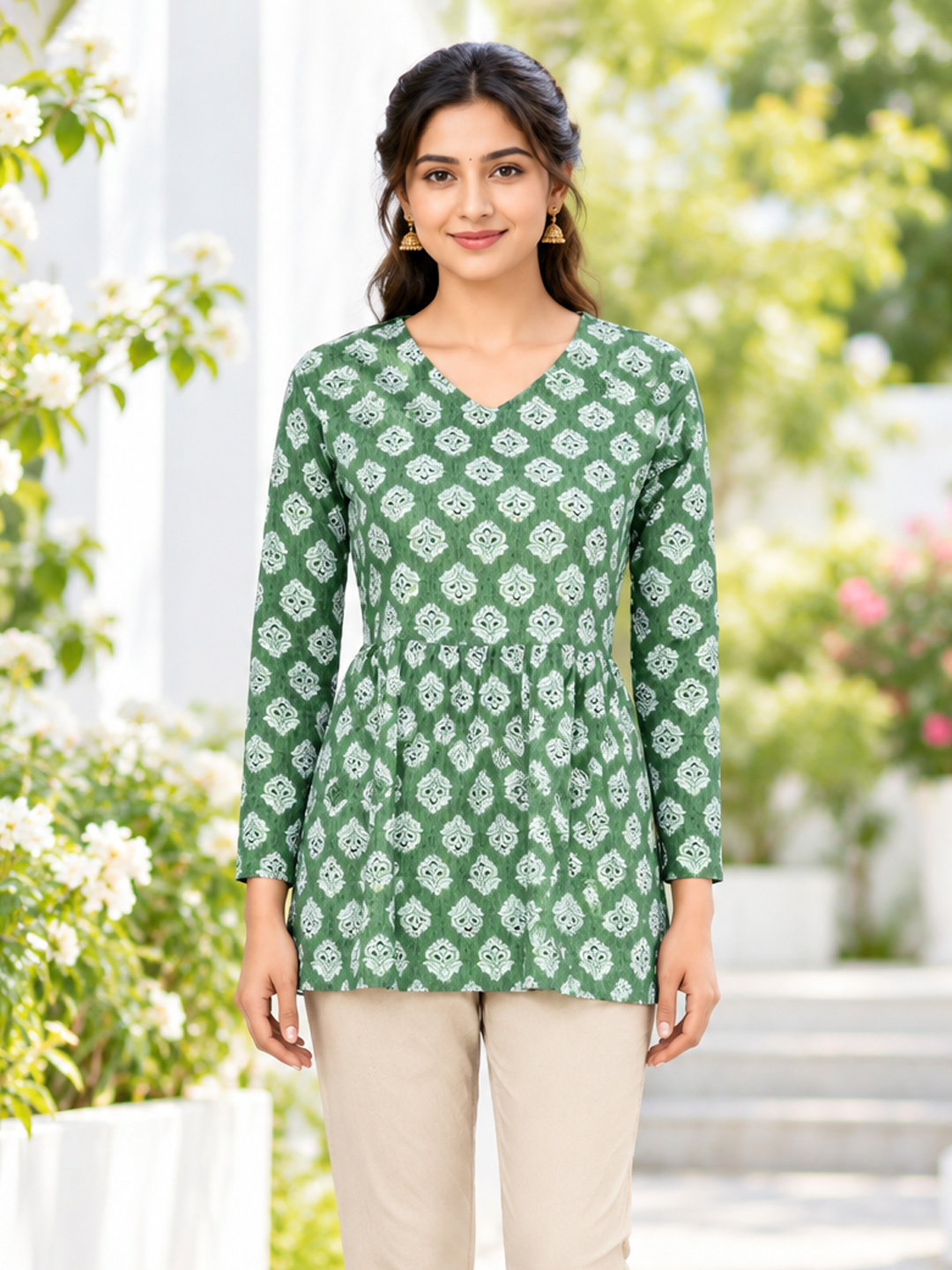 Ethnic Printed V-Neck Short Kurti