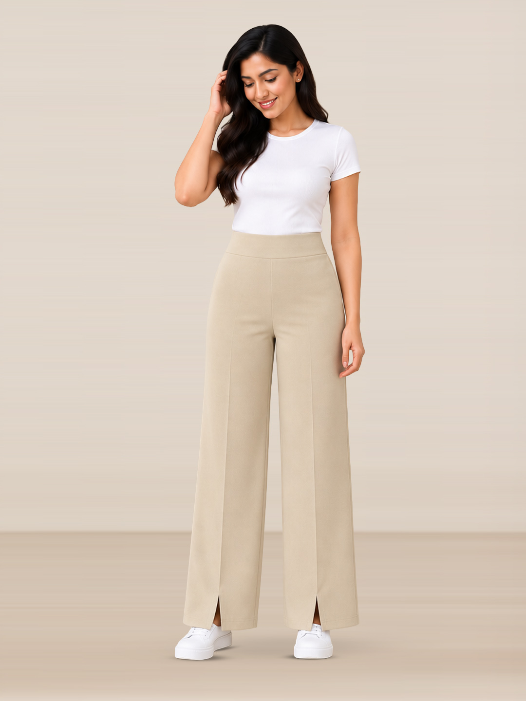 Women  Beige  High Waist Wide Leg Korean Pant