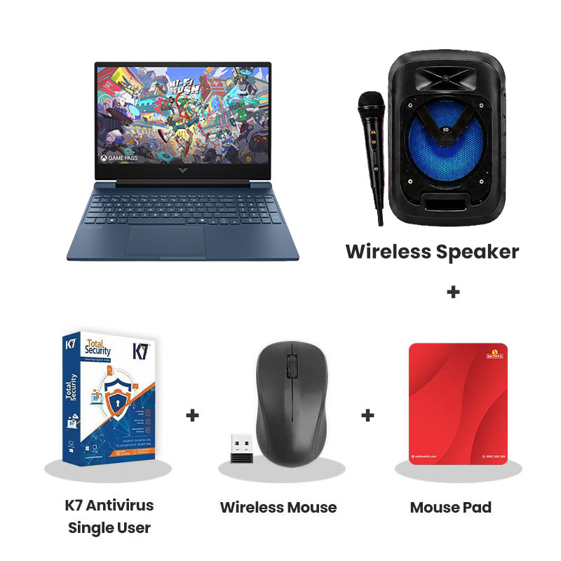HP Victus - Intel Core 5-210H 15.6" (39.6 cm) 15-fa2554TX Gaming Laptop (24GB DDR5/ 512GB SSD/ Full HD  Display/  NVIDIA GeForce RTX 3050 6GB/ Backlit  Keyboard/ Windows 11 Home/ 1Year Warranty/ Blue / 2.29 kg)   with Wireless Speaker + K7 Antivirus Single User + Wireless Mouse + Mouse Pad