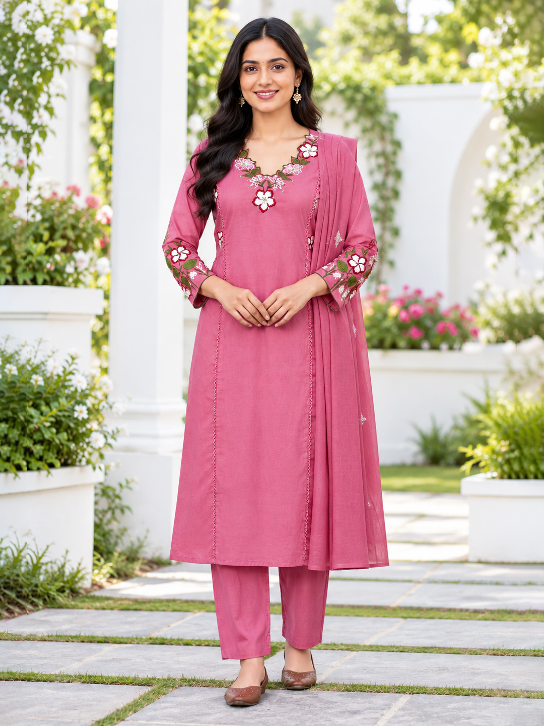 Floral Embroidered Ethnic  V-Neck Kurta Set