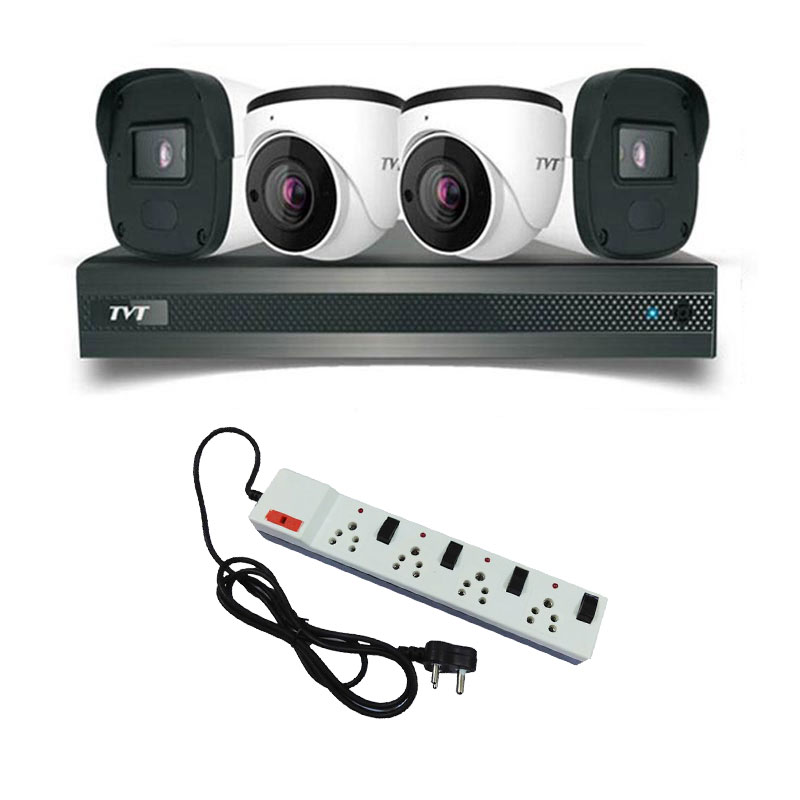 Picture of TVT 4 CCTV Cameras Combo (2 Indoor & 2 Outdoor CCTV Cameras) + DVR + HDD + Accessories + Power Supply + 90m Cable  + Power Strip Combo