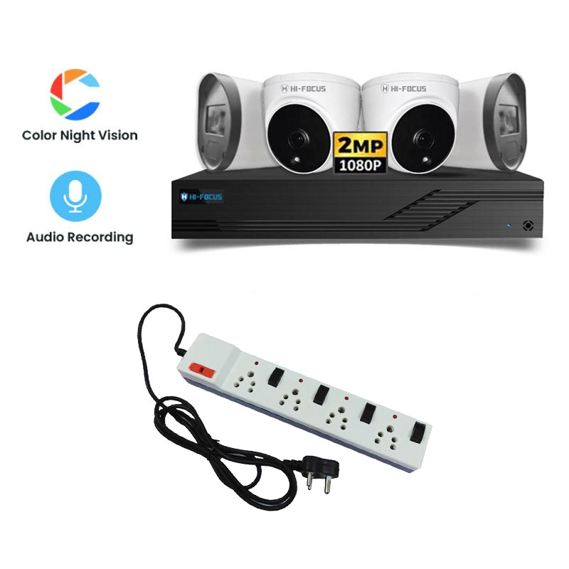 Picture of Hi-Focus 4 CCTV Cameras Combo (2 Indoor & 2 Outdoor CCTV Cameras) (Colour View With Mic) + 4CH DVR + HDD + Accessories + Power Supply + 90m Cable + Power Strip Combo