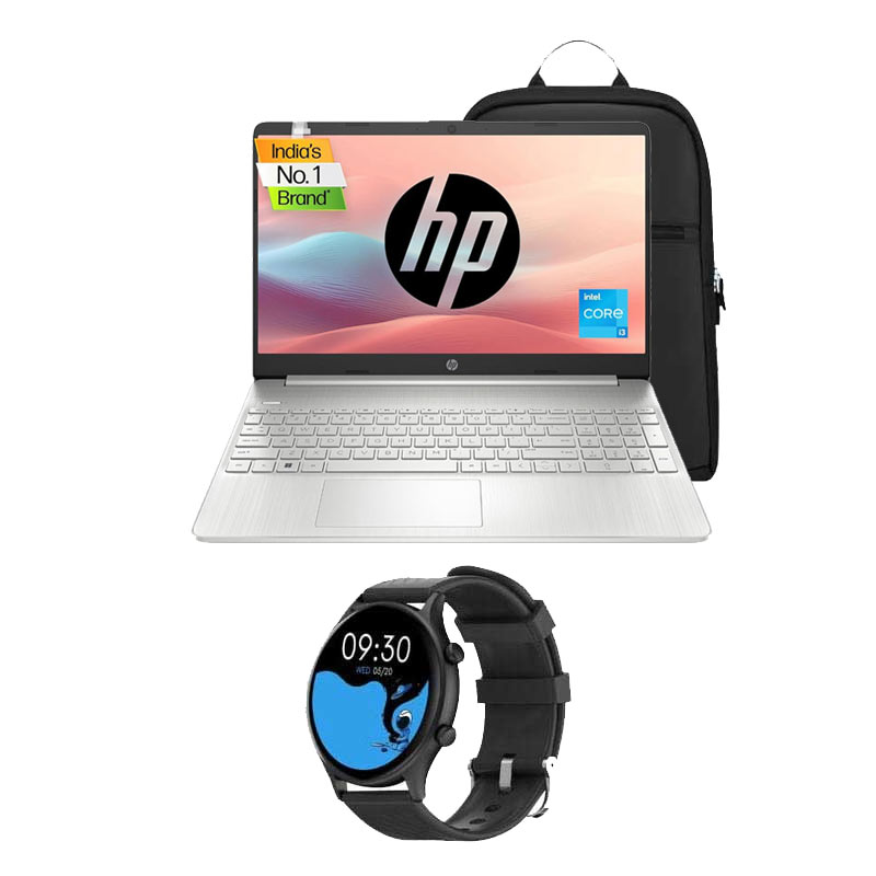 Picture of HP 15s - 12th Gen Intel Core i3-1215U 15.6" 15s-fq5326TU Thin & Light Laptop (8GB/ 512GB SSD/ Full HD Display/ Intel UHD Graphics/ Windows 11 Home/ MS Office/ Natural Silver/ 1.69kg) + Smart Watch+ Laptop Bag