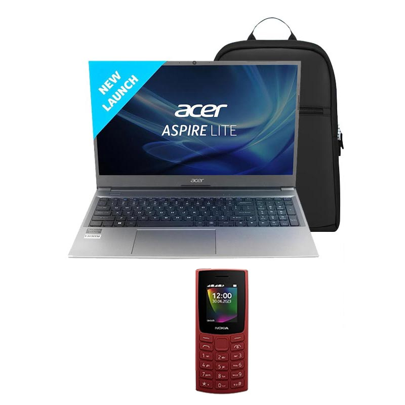 Picture of Acer Aspire Lite - 12th Gen Intel Core i3-1215U 15.6" AL15-52 Thin & Light Laptop (8GB/ 512GB SSD/ Full HD Display/ Windows 11 Home/ 1 Year Warranty/ Steel Gray/ 1.59kg)  Nokia 106 Dual Sim Keypad Phone + Laptop Bag