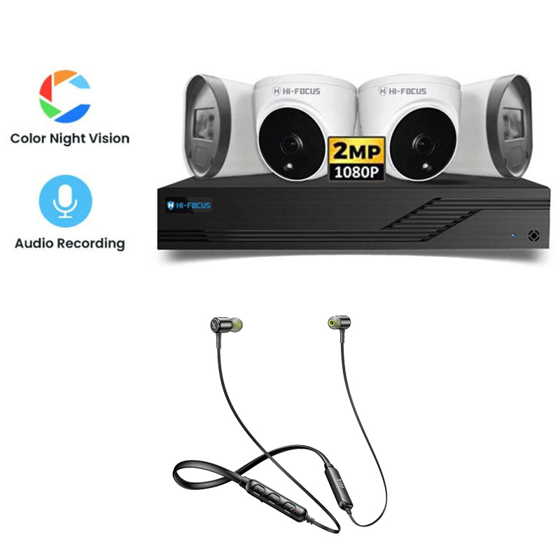 Picture of Hi-Focus 4 CCTV Cameras Combo (2 Indoor & 2 Outdoor CCTV Cameras) (Colour View With Mic) 👨🏻‍🔧With CCTV Installation + 4CH DVR + HDD + Accessories + Power Supply + 90m Cable  + Flix Beetel Blaze 100 Wireless Bluetooth in Ear Comfortable Sports Neckband