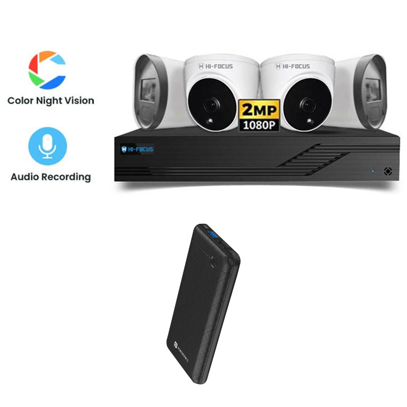 Picture of Hi-Focus 4 CCTV Cameras Combo (2 Indoor & 2 Outdoor CCTV Cameras) (Colour View With Mic) 👨🏻‍🔧With CCTV Installation + 4CH DVR + HDD + Accessories + Power Supply + 90m Cable + Portronics Power Bank Ampbox 10000 mAh