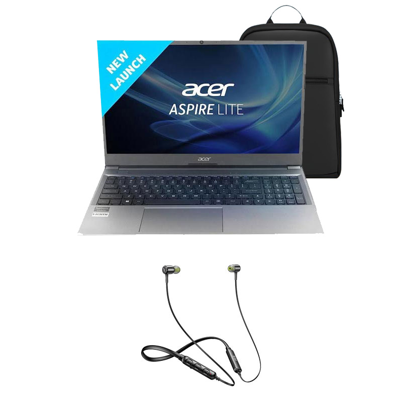 Picture of Acer Aspire Lite - 12th Gen Intel Core i3-1215U 15.6" AL15-52 Thin & Light Laptop (8GB/ 512GB SSD/ Full HD Display/ Windows 11 Home/ 1 Year Warranty/ Steel Gray/ 1.59kg) + Flix Beetel Blaze 100 Wireless Bluetooth in Ear Comfortable Sports Neckband + Laptop Bag