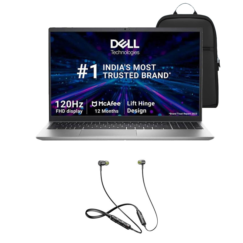 Picture of Dell Inspiron 3520 - 12th Gen Intel Core i3-1215 15.6" Thin & Light Laptop (8GB/ 512GB SSD/ Full HD WVA AG 120Hz Display/ Windows 11 Home/ MS Office'21/ 1Year Warranty/ Platinum Silver/ 1.65kg) + Flix Beetel Blaze 100 Wireless Bluetooth in Ear Comfortable Sports Neckband + Laptop Bag