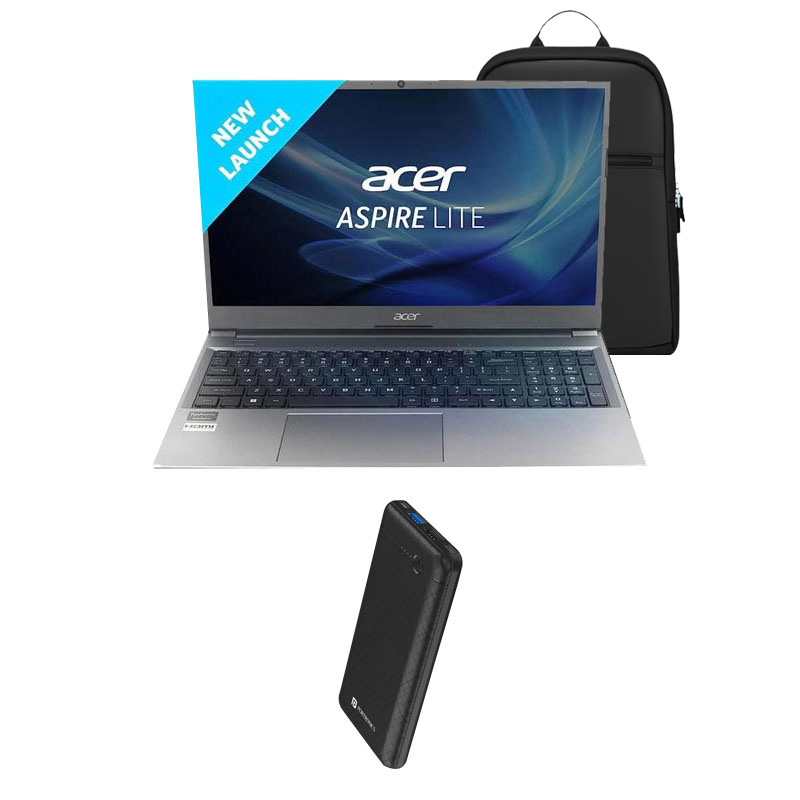 Picture of Acer Aspire Lite - 12th Gen Intel Core i3-1215U 15.6" AL15-52 Thin & Light Laptop (8GB/ 512GB SSD/ Full HD Display/ Windows 11 Home/ 1 Year Warranty/ Steel Gray/ 1.59kg) +Portronics Power Bank Ampbox 10000 mAh + Laptop Bag