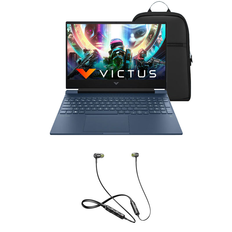 Picture of HP Victus - AMD Ryzen 5 Hexa Core 5600H 15.6" 15-fb0106AX Gaming Laptop (16GB/ 512GB SSD/ Windows 11 Home/ 4 GB Graphics/ NVIDIA GeForce RTX 3050/ MS Office/ 1Year Warranty/ Blue/ 2.37 kg) + Flix Beetel Blaze 100 Wireless Bluetooth in Ear Comfortable Sports Neckband + Laptop Bag