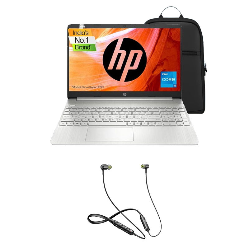 Picture of HP 15s - 12th Gen Intel Core i5-1235U 15.6" 15s-fq5329TU Thin & Light Laptop (8GB/ 512GB SSD / Full HD Display/ Intel UHD Graphics/ Windows 11 Home/ MS Office/ 1 Year Warranty/ Natural Silver/ 1.69kg) + Flix Beetel Blaze 100 Wireless Bluetooth in Ear Comfortable Sports Neckband + Laptop Bag