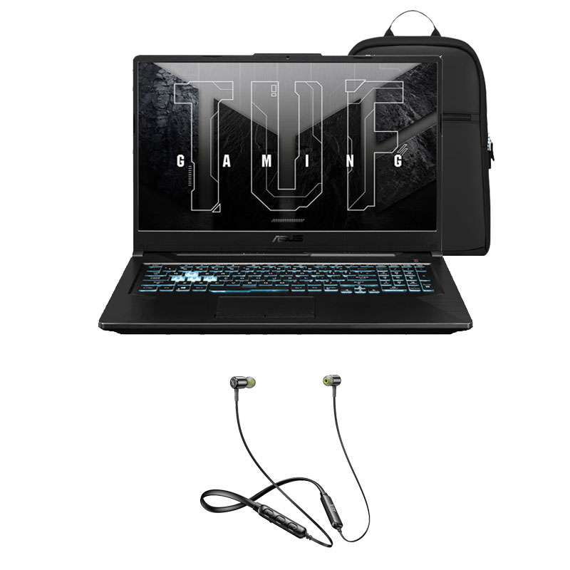 Picture of Asus TUF Gaming F17 - 11th Gen Intel Core i5-11400H 17" FX706HF-NY040W Gaming Laptop (16GB/ 512GB SSD/ Full HD Display/ 4GB NVIDIA GeForce RTX 2050/ Windows 11 Home/ 1Year Warranty/ Graphite Black/ 2.60 kg)+ Flix Beetel Blaze 100 Wireless Bluetooth in Ear Comfortable Sports Neckband + Laptop Bag