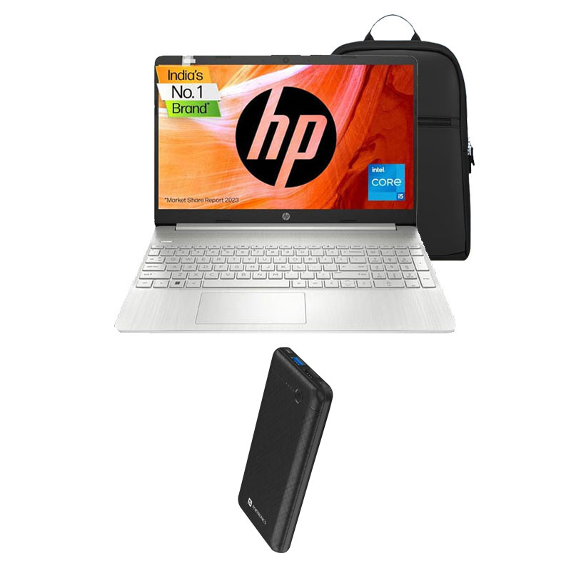 Picture of HP 15s - 12th Gen Intel Core i5-1235U 15.6" 15s-fq5329TU Thin & Light Laptop (8GB/ 512GB SSD / Full HD Display/ Intel UHD Graphics/ Windows 11 Home/ MS Office/ 1 Year Warranty/ Natural Silver/ 1.69kg) + Portronics Power Bank Ampbox 10000 mAh + Laptop Bag