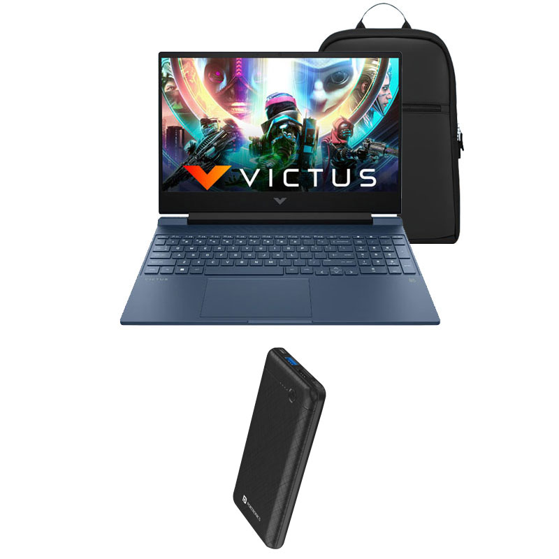 Picture of HP Victus - AMD Ryzen 5 Hexa Core 5600H 15.6" 15-fb0106AX Gaming Laptop (16GB/ 512GB SSD/ Windows 11 Home/ 4 GB Graphics/ NVIDIA GeForce RTX 3050/ MS Office/ 1Year Warranty/ Blue/ 2.37 kg) + Portronics Power Bank Ampbox 10000 mAh + Laptop Bag