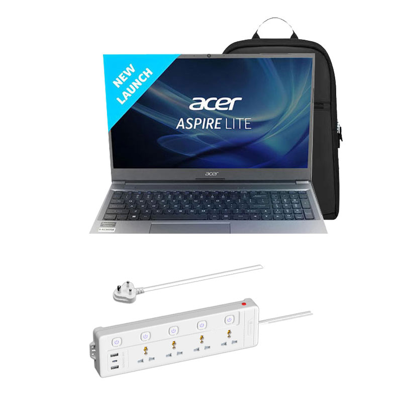 Picture of Acer Aspire Lite - 12th Gen Intel Core i3-1215U 15.6" A325-51 Thin & Light Laptop (8GB/ 512GB SSD/ Full HD Display/ Windows 11 Home/ 1 Year Warranty/ Steel Gray/ 1.59kg) + Portronics Power Plate 19 Multi Plug, 2 USB Ports, 1 Type-C Part, 4 Socket Extension Boards + Laptop Bag