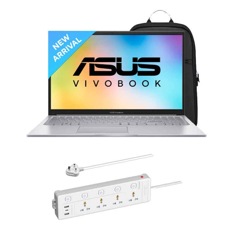 Picture of Asus Vivobook Go 15 - 12th Gen Intel Core i3-1215U 15.6" X1504ZA-NJ322WS Thin & Light Laptop (8GB/ 512GB SSD/ Full HD Display/ Intel UHD Graphics/ Windows 11 Home/ MS Office/ 1Year Warranty/ Cool Silver/ 1.70kg) + Portronics Power Plate 19 Multi Plug, 2 USB Ports, 1 Type-C Part, 4 Socket Extension Boards + Laptop Bag