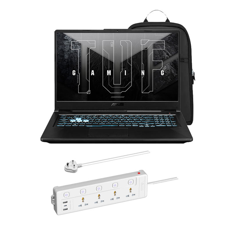 Picture of Asus TUF Gaming F17 - 11th Gen Intel Core i5-11400H 17" FX706HF-NY040W Gaming Laptop (16GB/ 512GB SSD/ Full HD Display/ 4GB NVIDIA GeForce RTX 2050/ Windows 11 Home/ 1Year Warranty/ Graphite Black/ 2.60 kg) + Portronics Power Plate 19 Multi Plug, 2 USB Ports, 1 Type-C Part, 4 Socket Extension Boards + Laptop Bag