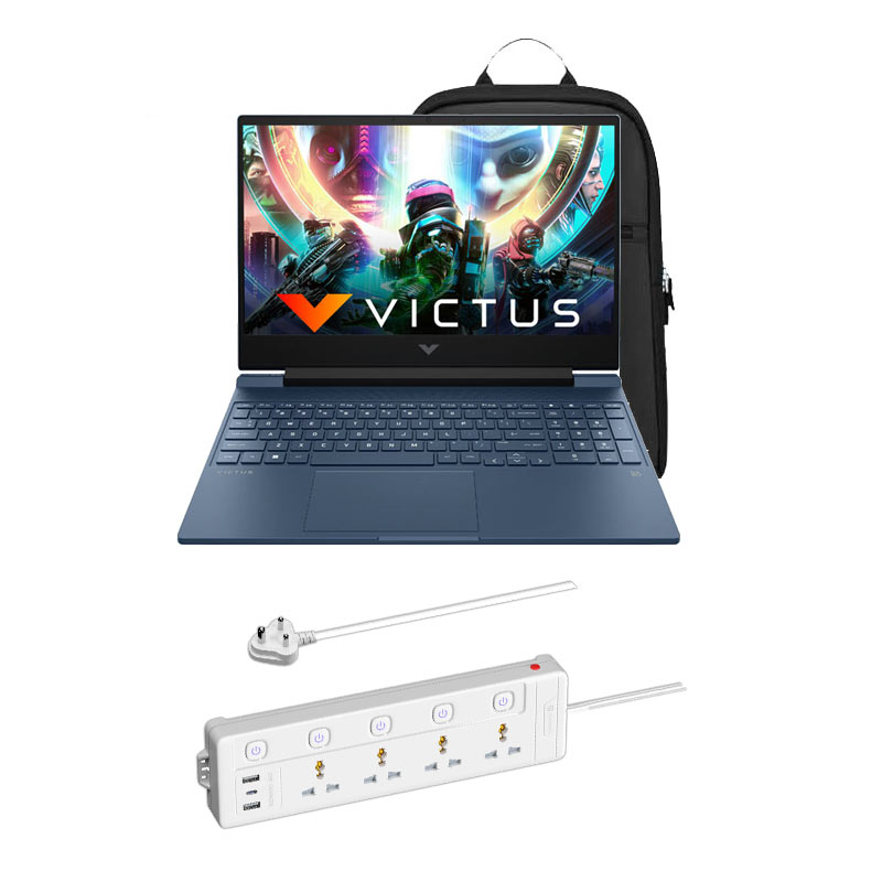 Picture of HP Victus - AMD Ryzen 5 Hexa Core 5600H 15.6" 15-fb0106AX Gaming Laptop (16GB/ 512GB SSD/ Windows 11 Home/ 4 GB Graphics/ NVIDIA GeForce RTX 3050/ MS Office/ 1Year Warranty/ Blue/ 2.37 kg) + Portronics Power Plate 19 Multi Plug, 2 USB Ports, 1 Type-C Part, 4 Socket Extension Boards + Laptop Bag