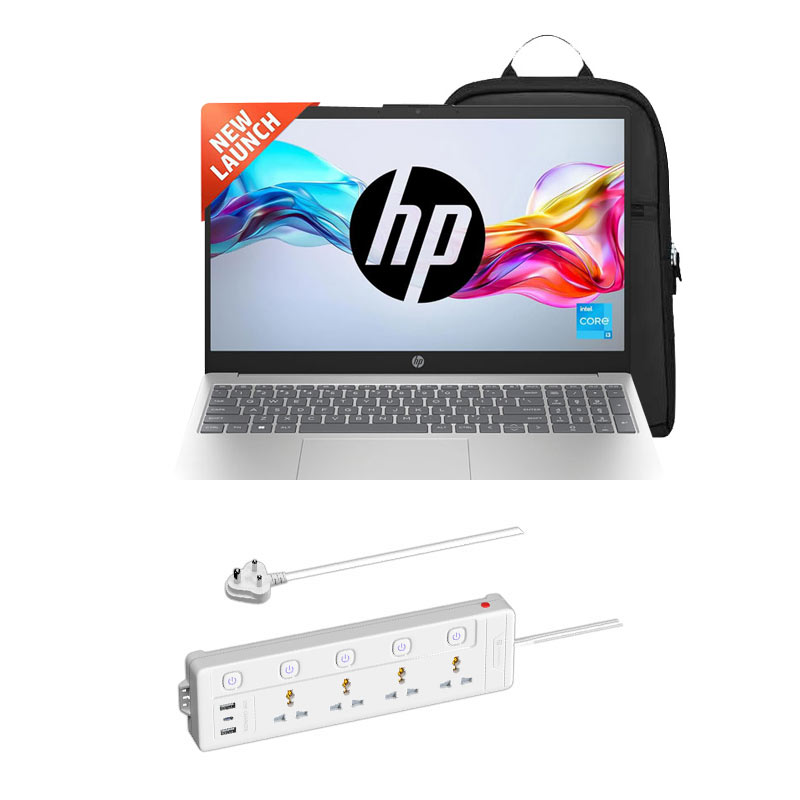 Picture of HP 15 - 12th Gen Intel Core i3-1215U 15.6" 15-fd0061TU Thin & Light Laptop (8GB/ 512GB SSD/ Full HD Display/ Intel UHD Graphics/ Windows 11 Home/ MS Office/ 1 Year Warranty/ Natural Silver/ 1.59Kg) + Portronics Power Plate 19 Multi Plug, 2 USB Ports, 1 Type-C Part, 4 Socket Extension Boards + Laptop Bag