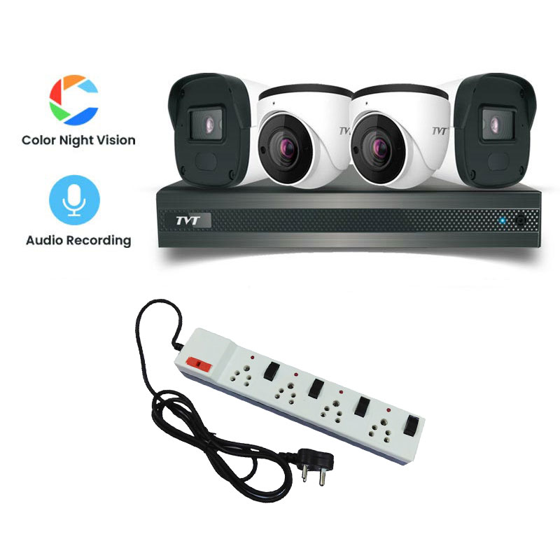 Picture of TVT 4 CCTV Cameras Combo (2 Indoor & 2 Outdoor CCTV Cameras) (Colour View With Mic) 👨🏻‍🔧 With CCTV Installation + 4CH DVR + HDD + Accessories + Power Supply + 90m Cable + Power Strip