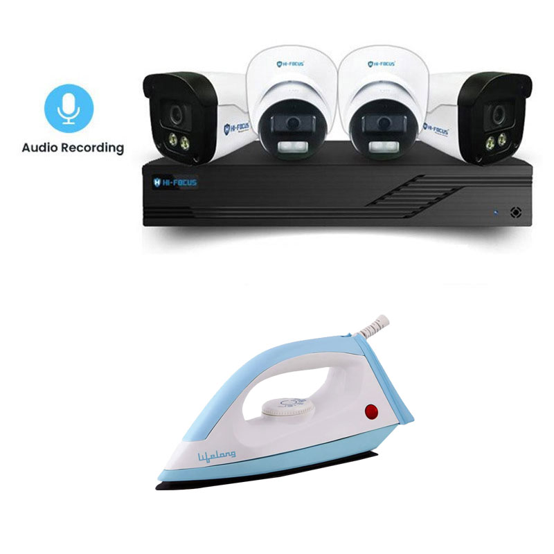 Picture of Hi-Focus 4 CCTV Cameras Combo (2 Indoor & 2 Outdoor CCTV Cameras With Mic) 👨🏻‍🔧 With CCTV Installation +DVR + 500 GB HDD + Accessories + Power Supply + 90m Cable + Lifelong 1000 Watts Dry Iron (LLDI10)