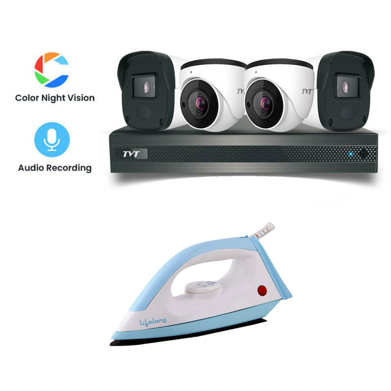 Picture of TVT 4 CCTV Cameras Combo (2 Indoor & 2 Outdoor CCTV Cameras) (Colour View With Mic) 👨🏻‍🔧 With CCTV Installation + 4CH DVR + HDD + Accessories + Power Supply + 90m Cable + Lifelong 1000 Watts Dry Iron (LLDI10)