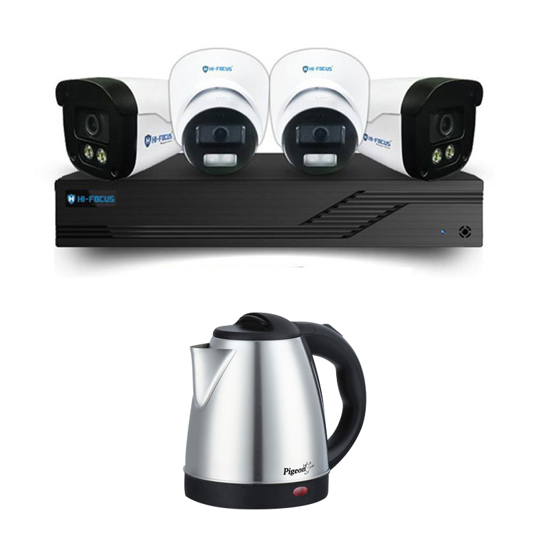 Picture of Hi-Focus 4 CCTV Cameras Combo (2 Indoor & 2 Outdoor CCTV Cameras) 👨🏻‍🔧 With CCTV Installation + 4CH DVR + HDD + Accessories + Power Supply + 90m Cable + Pigeon Hot Electric Kettle