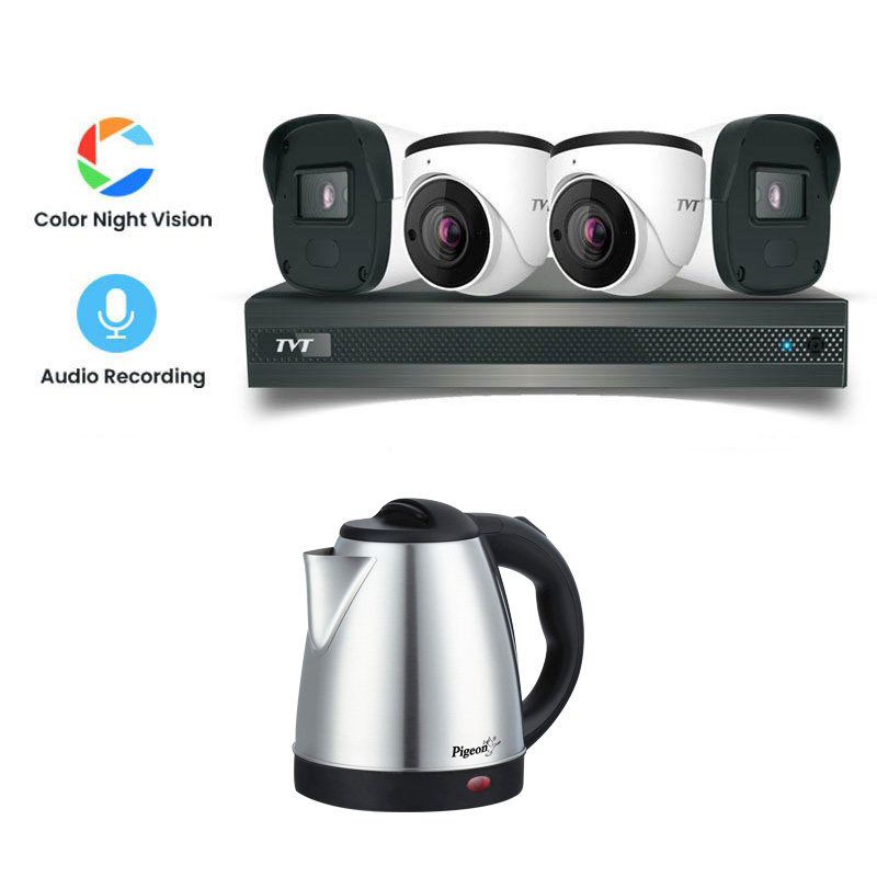 Picture of TVT 4 CCTV Cameras Combo (2 Indoor & 2 Outdoor CCTV Cameras) (Colour View With Mic) 👨🏻‍🔧 With CCTV Installation + 4CH DVR + HDD + Accessories + Power Supply + 90m Cable + Pigeon Hot Electric Kettle