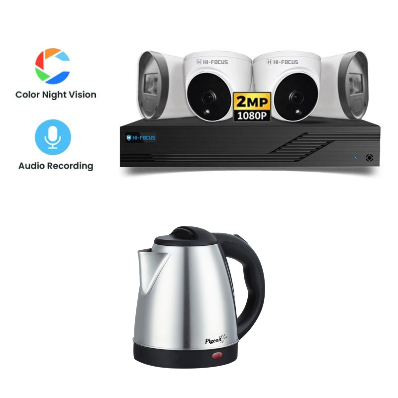 Picture of Hi-Focus 4 CCTV Cameras Combo (2 Indoor & 2 Outdoor CCTV Cameras) (Colour View With Mic) 👨🏻‍🔧With CCTV Installation + 4CH DVR + HDD + Accessories + Power Supply + 90m Cable  + Pigeon Hot Electric Kettle