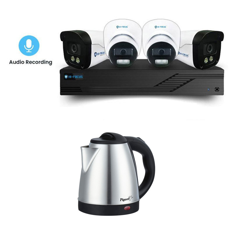 Picture of Hi-Focus 4 CCTV Cameras Combo (2 Indoor & 2 Outdoor CCTV Cameras With Mic) 👨🏻‍🔧 With CCTV Installation +DVR + 500 GB HDD + Accessories + Power Supply + 90m Cable +  Pigeon Hot Electric Kettle