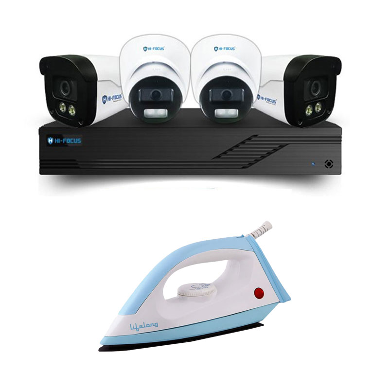 Picture of Hi-Focus 4 CCTV Cameras Combo (2 Indoor & 2 Outdoor CCTV Cameras) 👨🏻‍🔧 With CCTV Installation + 4CH DVR + HDD + Accessories + Power Supply + 90m Cable + Lifelong Dry Iron (LLDI10, Blue)