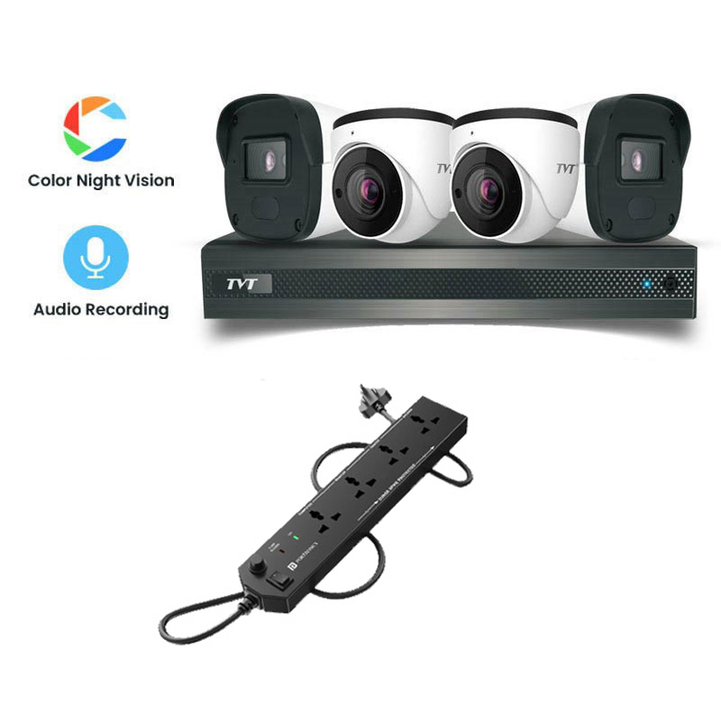 Picture of TVT 4 CCTV Cameras Combo (2 Indoor & 2 Outdoor CCTV Cameras) (Colour View With Mic) + 4CH DVR + HDD + Accessories + Power Supply + 90m Cable  + Power Strip 