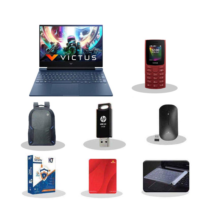 Picture of HP Victus - AMD Ryzen 5 5600H FB0112AX  15.6 " (39.6 Cm) Gaming Laptop (16GB/ 512GB SSD/ Full HD Display/ NVIDIA GeForce 4GB RTX 3050/ Backlit keyboard/ Windows 11 Home/ MS Office/ 1 Year Warranty/ Blue/ 2.31 Kg) with Nokia 106 Keypad Phone + Laptop Bag + K7 Antivirus + Wireless Mouse + Mouse Pad + Pendrive + Laptop Key Skin