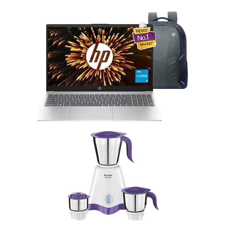 Picture of HP 15 - 12th Gen Intel Core i5-1235U 15.6" 15-fd0070TU Thin & Light Laptop (8GB/ 512GB SSD/ Full HD Display/ Windows 11 Home/ MS Office/ 1 Year Warranty/ Natural Silver/ 1.59Kg) with Laptop Bag + Preethi Mixie
