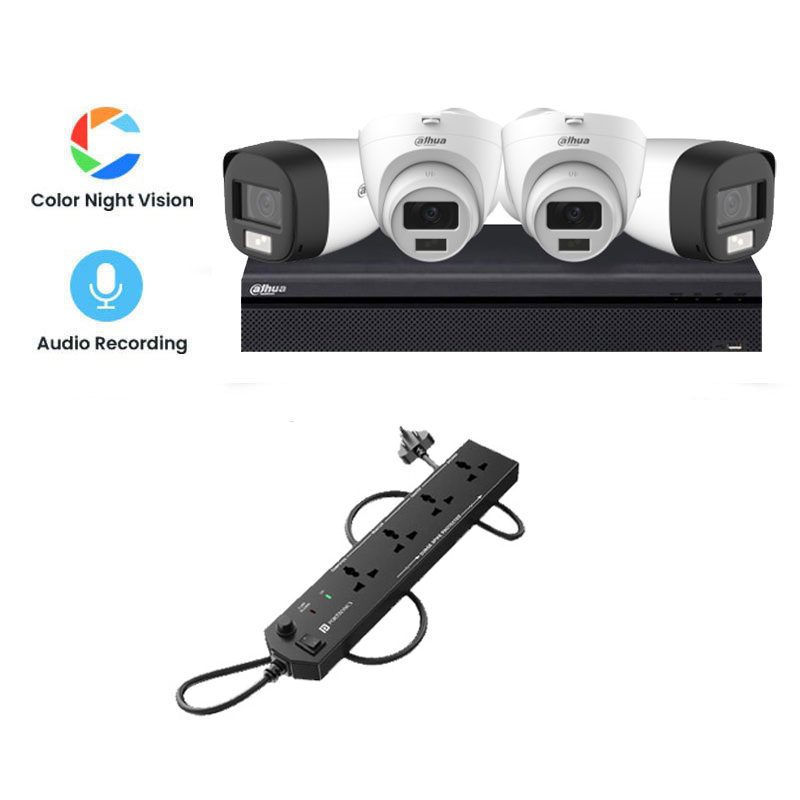 Picture of Dahua 4 CCTV Cameras Combo (2 Indoor & 2 Outdoor CCTV Cameras) (Colour View With Mic) 👨🏻‍🔧 With CCTV Installation + 4CH DVR + HDD + Accessories + Power Supply + 90m Cable + Power  Strip