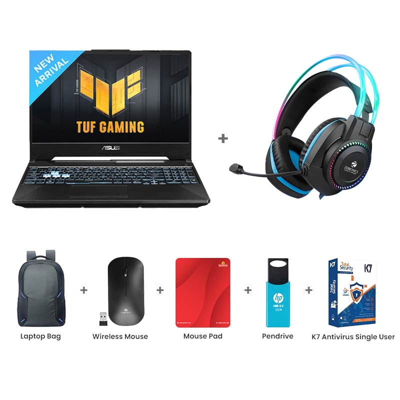 Picture of Asus TUF Gaming A15 - AMD Ryzen 7 7435HS 15.6" (39.62cm) FA566NFR-HN045WS  Gaming Laptop (16GB/ 512GB SSD/ Full HD Display/ Windows 11 Home/ 4 GB Graphics/ MS Office/ NVIDIA GeForce RTX 2050/ 1Year Warranty/ Graphite Black/ 2.30kg)  Zebronics Zeb-Jet Premium Gaming Headphone + Laptop Bag + Wireless Mouse + Mouse Pad + Pendrive + K7 Antivirus Single User