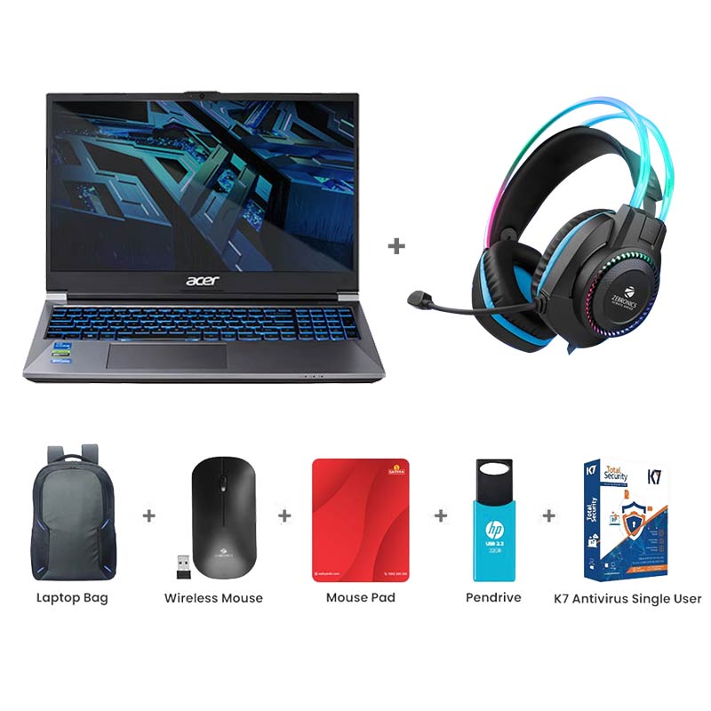 Picture of Acer ALG - 13th Gen Intel Core i5-13420H 15.6" (39.6 cm) AL15G-53 Gaming Laptop (16GB/ 512GB SSD/ Full HD Display/ Windows 11 Home/ NVIDIA GeForce RTX 3050 6GB DDR6/ Backlit Keyboard/ 144Hz/ Steel Gray/ 1.99kg)  Zebronics Zeb-Jet Premium Gaming Headphone + Laptop Bag + Wireless Mouse + Mouse Pad + Pendrive + K7 Antivirus Single User