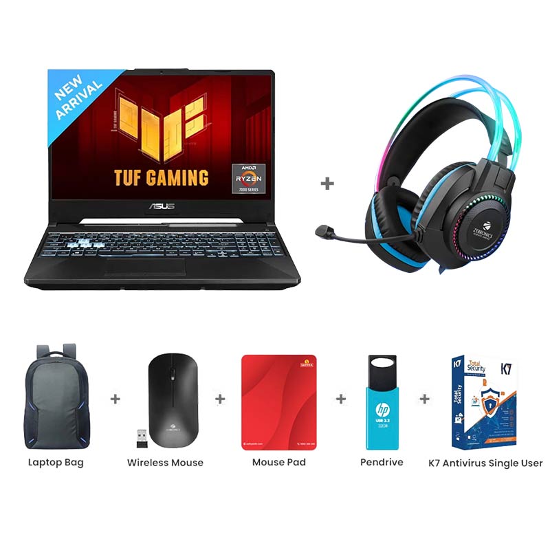 Picture of ASUS TUF Gaming A15 - AMD Ryzen 7 7435HS 15.6" (39.62cm) FA566NFR-HN259W Gaming Laptop 16GB/ 512GB SSD/ Full HD Display/ Windows 11 Home/ NVIDIA GeForce RTX 2050/ 1Year Warranty/ Graphite Black/ 2.30Kg) Zebronics Zeb-Jet Pro Premium Gaming Headphone + Laptop Bag + Wireless Mouse + Mouse Pad + Pendrive + K7 Antivirus Single User