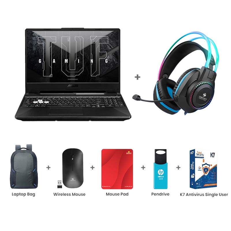 Picture of Asus TUF Gaming F15 - AMD Ryzen 7 7435HS 15.6" (39.62cm) FA566NCR-HN254WS Gaming Laptop (16GB/ 512GB/ Full HD Display/ Windows 11 Home/ NVIDIA GeForce RTX 3050/ Office Home 2024 / 1Year Warranty/ Graphite Black/ 2.30 Kg) Zebronics Zeb-Jet Pro Premium Gaming Headphone + Laptop Bag + Wireless Mouse + Mouse Pad + Pendrive + K7 Antivirus Single User