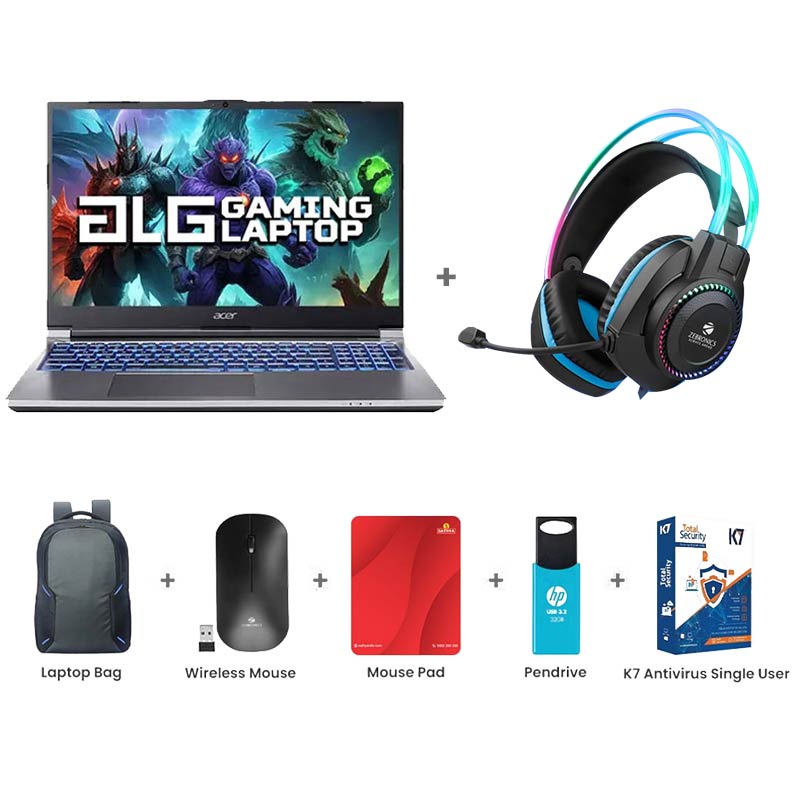 Picture of Acer ALG Gaming - Intel Core i7-13620H 15.6" (39.6cm) AL15G-53 Gaming Laptop (16GB/ 512GB SSD/ Full HD Display/ NVIDIA GeForce RTX 3050/144 Hz/  Windows 11 Home/  1 Year Warranty/ Steel Gray/ 1.99 Kg) Zebronics Zeb-Jet Premium Gaming Headphone + Laptop Bag + Wireless Mouse + Mouse Pad + Pendrive + K7 Antivirus Single User