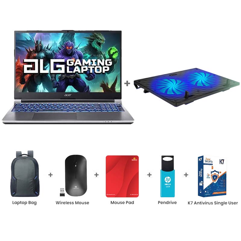 Picture of Acer ALG Gaming - Intel Core i7-13620H 15.6" (39.6cm) AL15G-53 Gaming Laptop (16GB/ 512GB SSD/ Full HD Display/ NVIDIA GeForce RTX 3050/144 Hz/  Windows 11 Home/  1 Year Warranty/  Steel Gray/ 1.99 Kg) Zebronics ZEB-NC3300 USB Powered Laptop Cooling Pad  Laptop Bag + Wireless Mouse + Mouse Pad + Pendrive + K7 Antivirus Single User