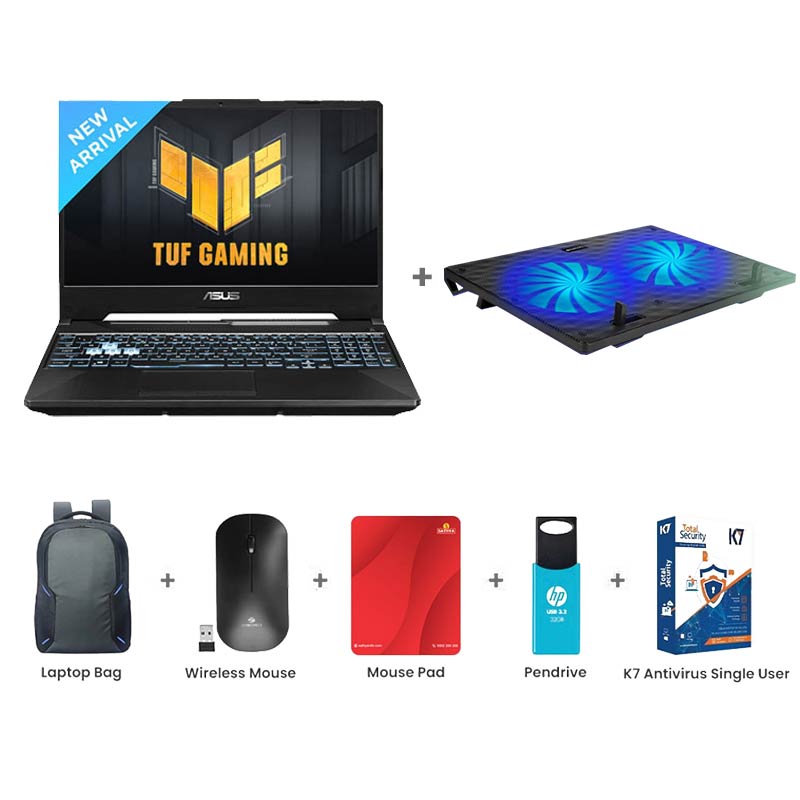 Picture of Asus TUF Gaming A15 - AMD Ryzen 7 7435HS 15.6" (39.62cm) FA566NFR-HN045WS  Gaming Laptop (16GB/ 512GB SSD/ Full HD Display/ Windows 11 Home/ 4 GB Graphics/ MS Office/ NVIDIA GeForce RTX 2050/ 1Year Warranty/ Graphite Black/ 2.30kg)  Zebronics ZEB-NC3300 USB Powered Laptop Cooling Pad + Laptop Bag + Wireless Mouse + Mouse Pad + Pendrive + K7 Antivirus Single User