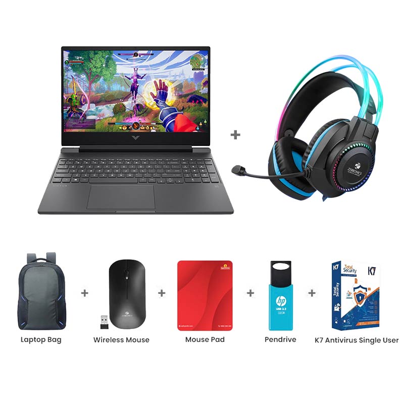 Picture of HP Victus - 13th Gen Intel Core i7-13620H 15.6" (39.6 cm) 15-fa2078TX Gaming Laptop (16GB/ 512GB SSD/ Full HD Display/ NVIDIA GeForce 6 GB RTX 3050/ Backlit Keyboard/ Anti-Glare/ Windows 11 Home/ MS Office 2024/ Ethernet Port/ 1 Year Warranty/ Mica silver/ 2.29 kg) Zebronics Zeb-Jet Premium Gaming Headphone + Laptop Bag + Wireless Mouse + Mouse Pad + Pendrive + K7 Antivirus Single User