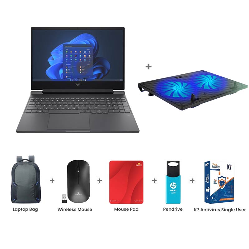 Picture of HP Victus - 13th Gen i5 13420 15.6" (39.6 Cm) FA2701TX Gaming Laptop (16GB/ 512GB SSD/ NVIDIA RTX 4050 6GB/Ethernet port / Backlit Keyboard/ Windows 11 Home/ MS Office 2024/ 1 Year Warranty/ Performance Blue/ 2.4 kg) Zebronics ZEB-NC3300 USB Powered Laptop Cooling Pad + Laptop Bag + Wireless Mouse + Mouse Pad + Pendrive + K7 Antivirus Single User